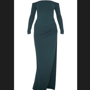 EMERALD GREEN WRAP OVER LS BARSOT MAXI DRESS